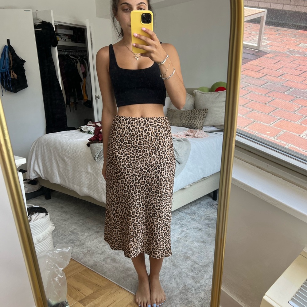 Leopard satin midi skirt